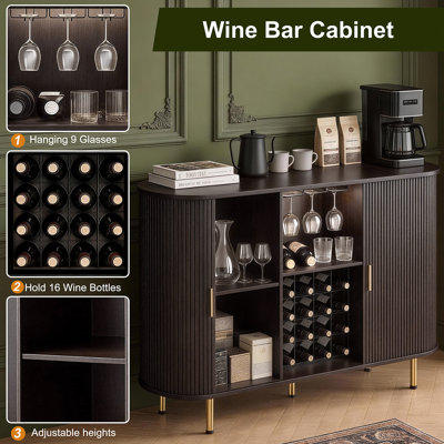 55" Mid-Century Modern Wine Bar Cabinet with LED Lights, Wine Rack & Glass Holder
