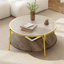 Table basse avec rangement à deux niveaux, plateau en verre et finition en noyer brun sur base dorée, ronde de 29,9 pouces