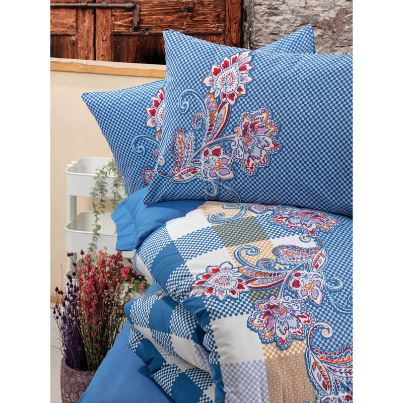 Ensemble de housse de couette 100% coton Luxury Ranforce Super King, 102,4 x 86,6 pouces | 2 taies d'oreiller (19,7 po x 31,5 po) | Bleu foncé, bleu, beige et blanc | Lavable à la machine, fermeture à boutons, doux et respirant