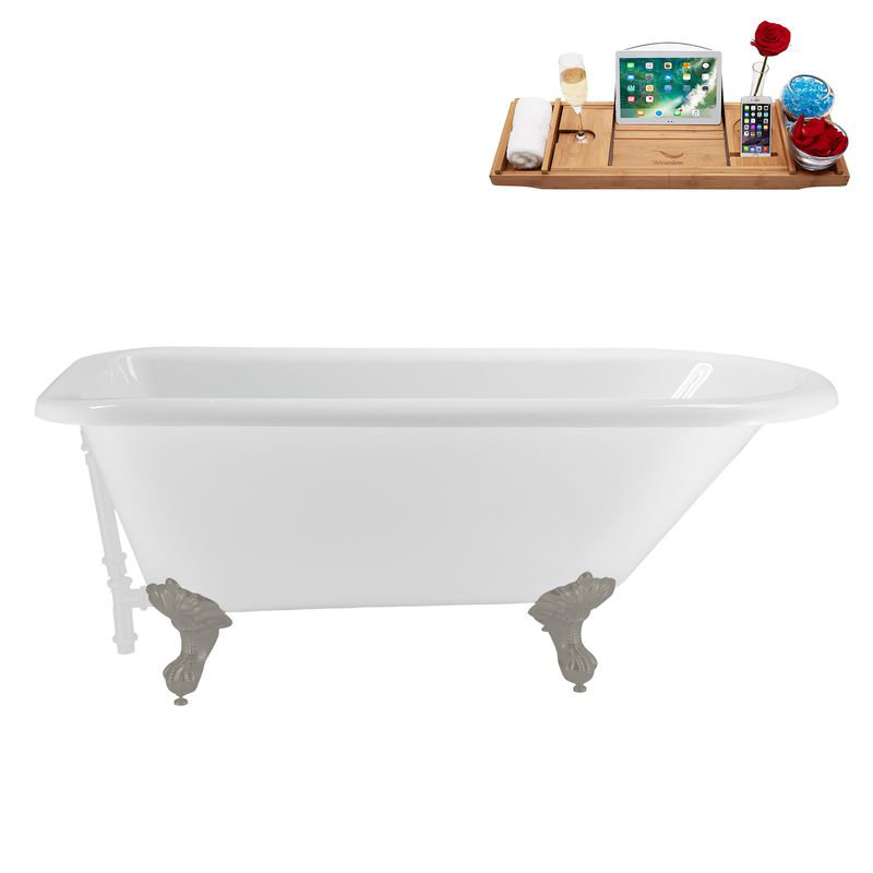 62" Streamline Clawfoot Tub,Tray,Drain, Clawfeet, Brushed Gun Metal, Glossy White