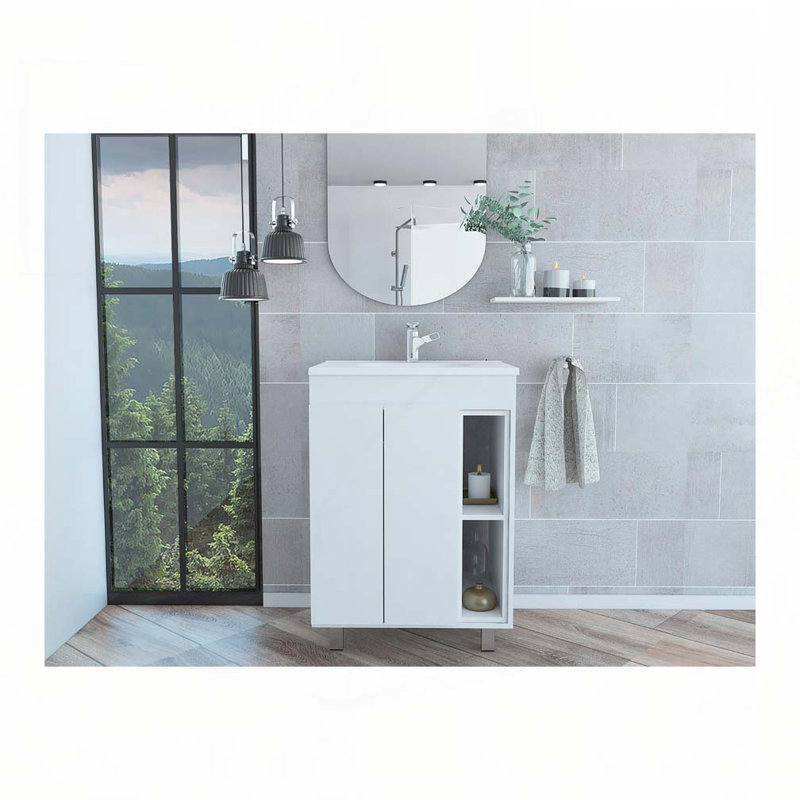 Meuble-lavabo 24 po Meka, deux tablettes extérieures, armoire à deux portes - blanc