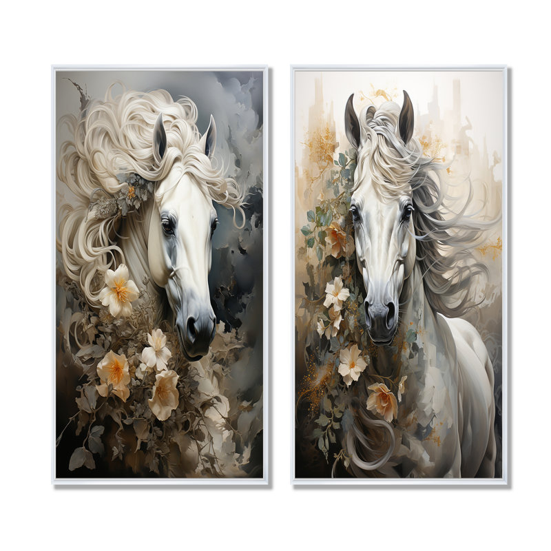 Blooming surréal équin, ensemble de 2 reproductions d'art mural cheval, Cadre blanc, H 40 po x l 41 po