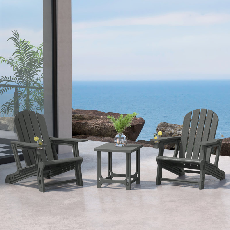 Outdoor Poly 3-Piece Set Adirondack Chair With Side Table, Gray