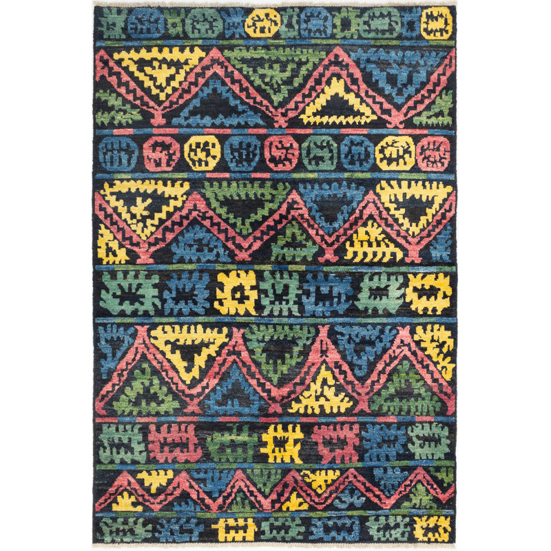 Tapis unique en laine noué à la main bleu / rouge / jaune années 2010 6 pi 3 po x 9 pi 2 po Penellope