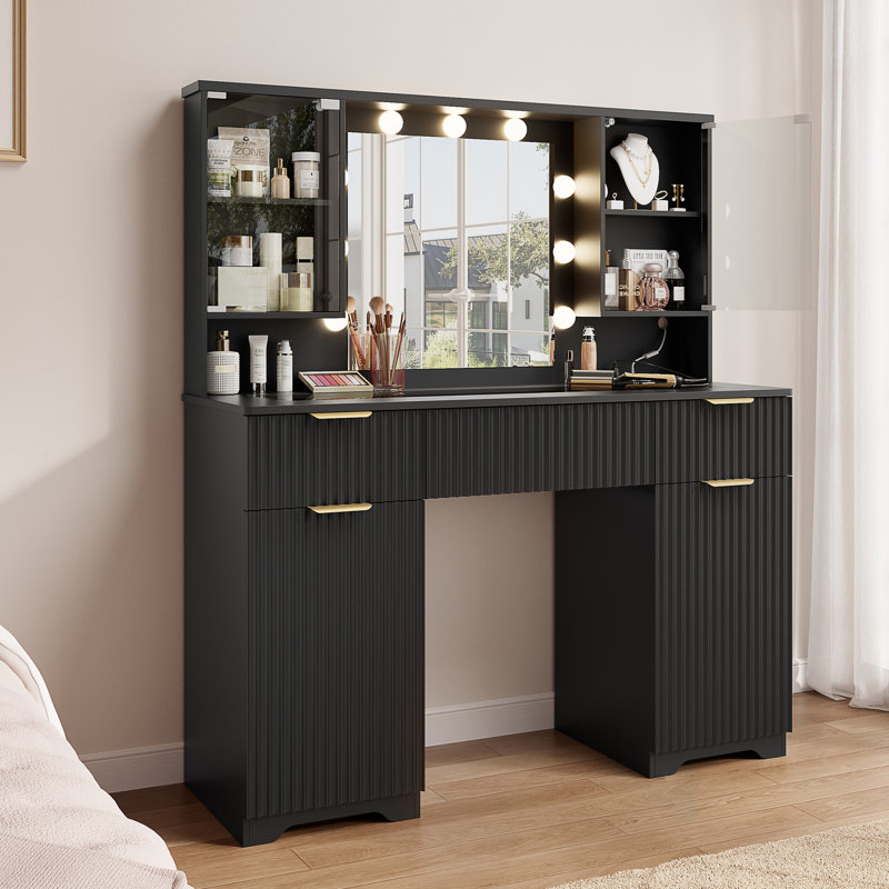 47" Fluted Makeup Vanity Desk with Lighted Mirror, Glass Top, 3 Drawers, Adjustable Shelves & Power Outlets — Modern Dressing Table for Bedroom, Apartment, Dorm, Teen Rooms