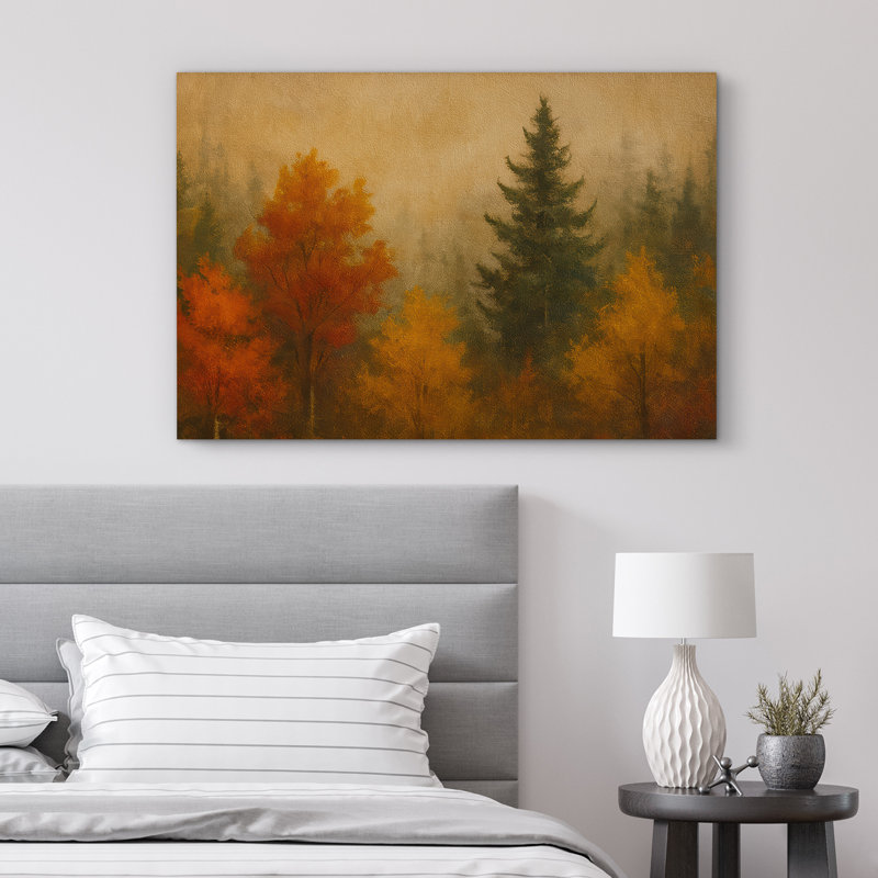 «Golden and Amber Autumn Trees Misty Forest Landscape», reproduction d'art sur toile encadrée, H 24 po x l 36 po