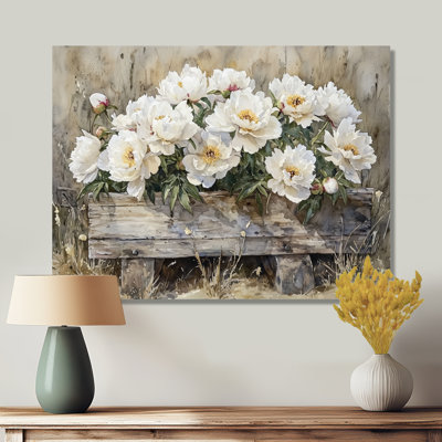 Loin, pivoines près de l'eau, impression d'art en métal traditionnel, pivoines en métal
