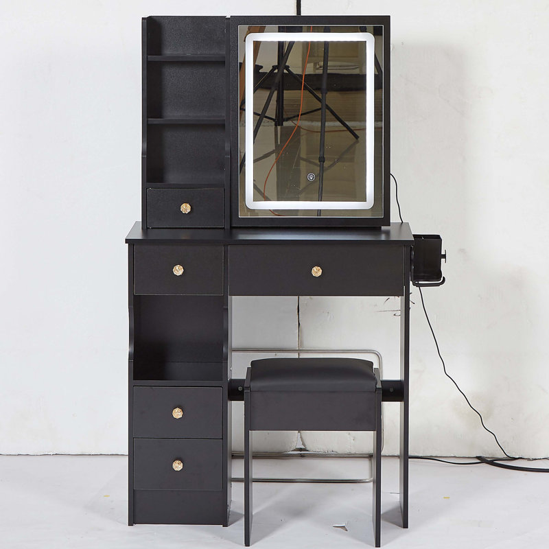 Small Size Left Drawer Desktop Vanity Table + Cushioned Stool, 2 AC+2 USB Power Station, Hair Dryer Bracket, Extra Large Touch Control Sliding LED Mirror, Tri-Color Switching, EPA,GCC,UL Certificate