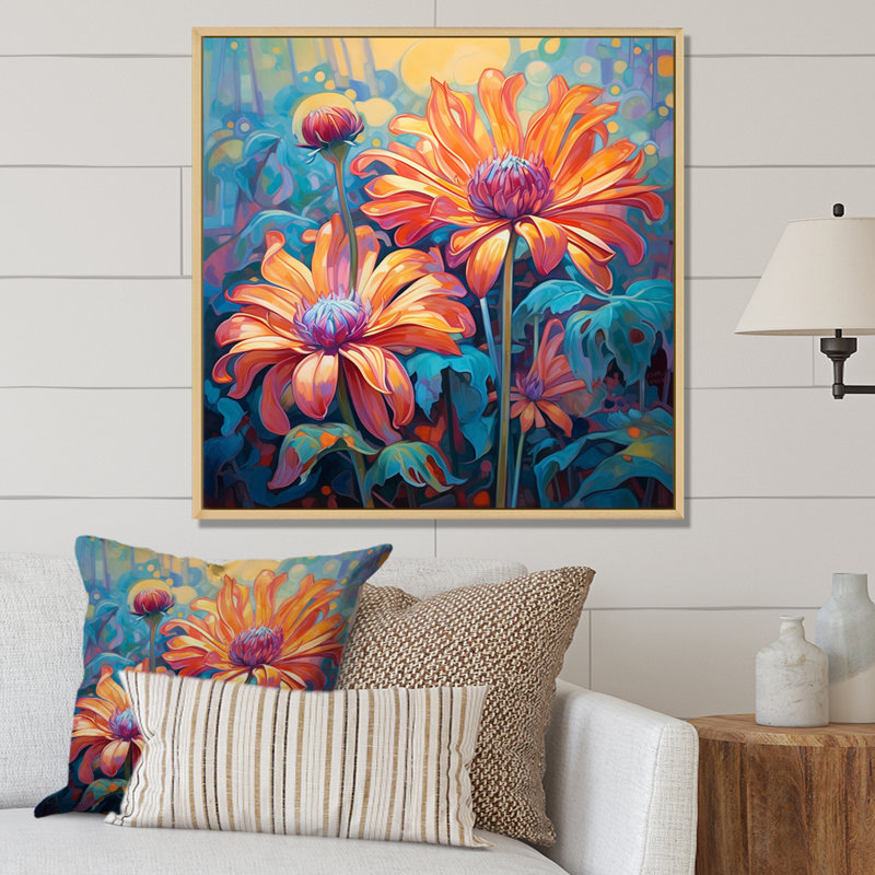 " Blossoming Orange Chrysanthemums Retro ", 30" H x 30" W x 1" D, Brown Floater Framed