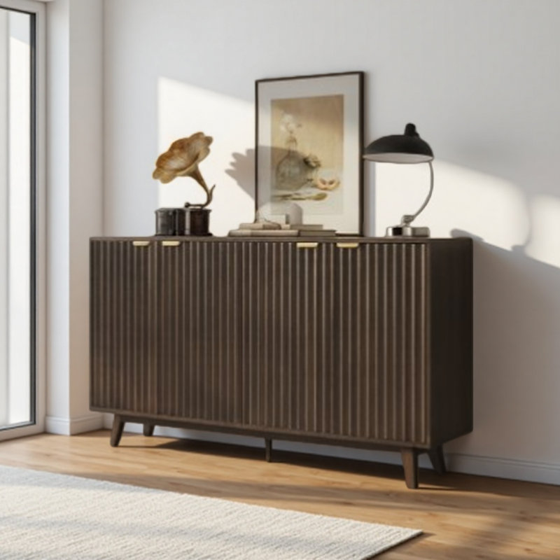 Commode pratique, armoire à buffet cannelée, avec portes, tablettes réglables, pieds en bois, Gris foncé