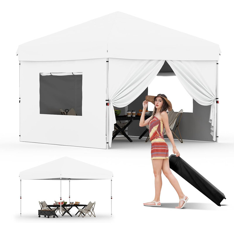 Heavy Duty Pop Up Canopy Tent 10x10FT – Waterproof & UV-Resistant, 4 Side Walls, White, White