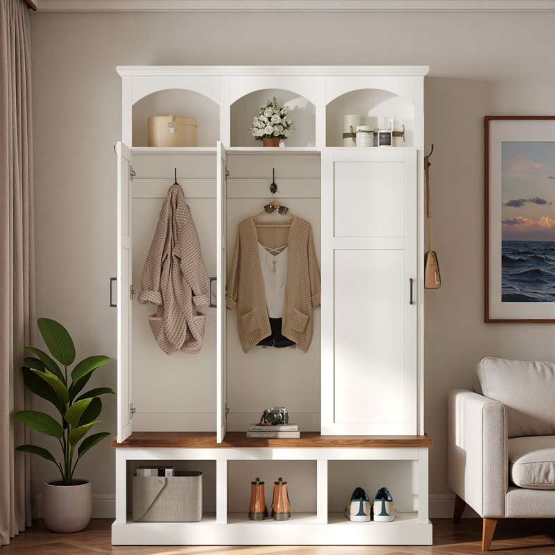 Farmhouse Arched Design Hall Tree With 3 Hidden Storage, 5 Hooks, Compartments Amd Bench, White