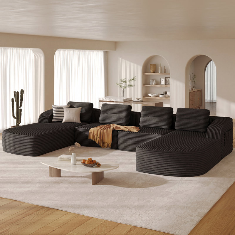 Canapé modulaire surdimensionné en U de 148,8 pouces de largeur avec onde surélevée en tissu rayé de 148,8 pouces, Noir