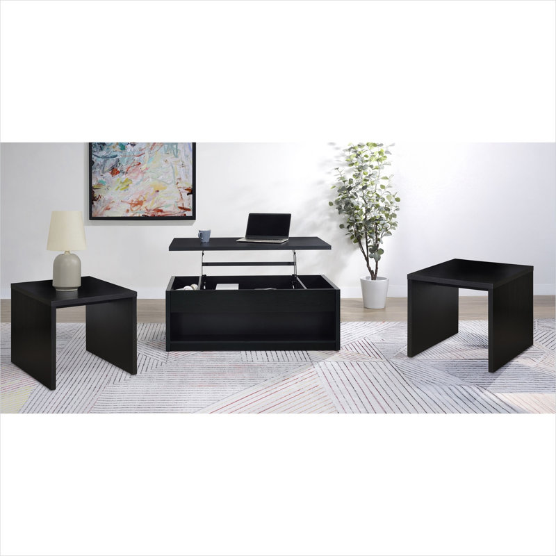 Ensemble de tables basses rondes 3 pièces avec plateau relevable et tiroirs en bois d'ingénierie noir profond