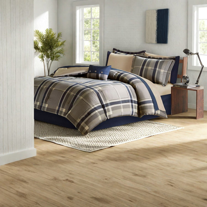Ensembles de literie écossais bleu marine, ensemble d'édredon simple en polyester avec draps, décor moderne