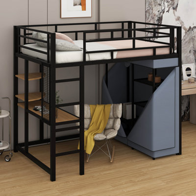 Lit mezzanine simple en métal - bureau, tablettes, prise de courant, lumière DEL et garde-robe inclus