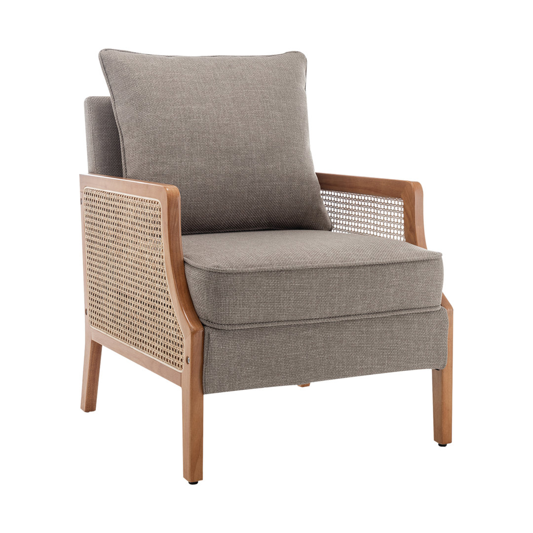 Upholstered Burlap Accent Chair With Wooden Legs And Rattan Arms Bay Isle Home™ Fabric OR Leather 