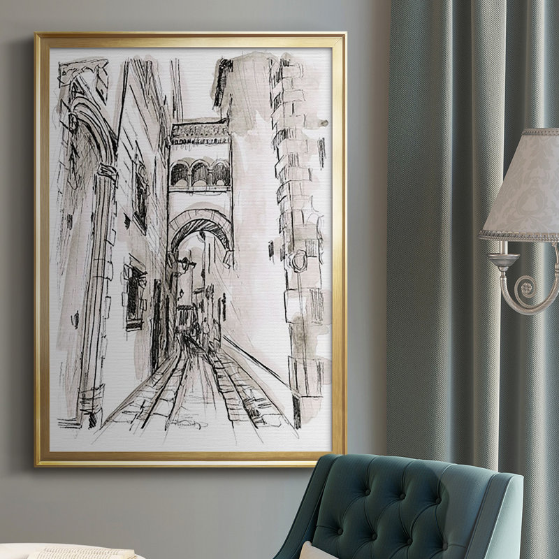 «Europe Street Sketches II», reproduction encadrée de qualité supérieure - prête à être accrochée, Or