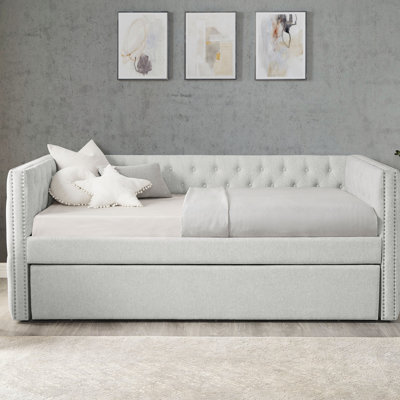 Luxurious 1Pc Modern Daybed Button Tufted Nailhead Trim Bedroom Living Room Furniture Dove Finish (Daybed)