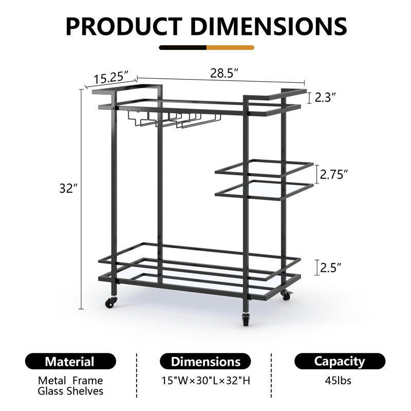 Black Metal and Glass 3-Tier Bar Cart with Storage