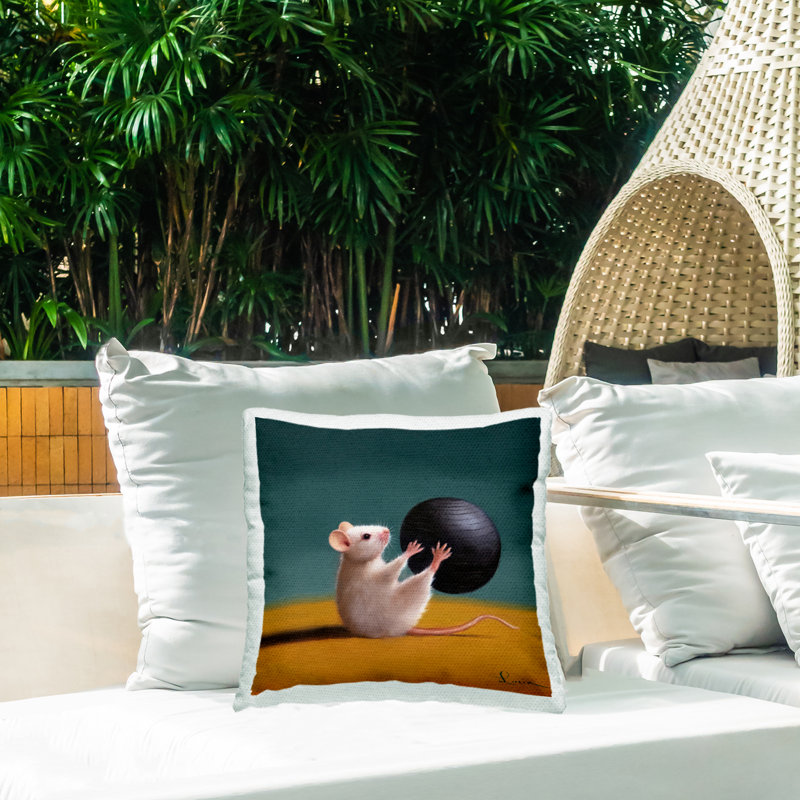 Coussin d'extérieur imprimé lapin dans un bain à bulles relaxant, design par Lucia Heffernan