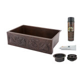 33" Hammered Copper Kitchen Apron Single Basin Sink w/ Vineyard Design with Matching Drain and Accessories