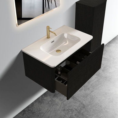 Meuble-lavabo de salle de bain 24 po - Chêne noir rayé, lavabo en céramique blanche, texture pratique en chêne, élégance