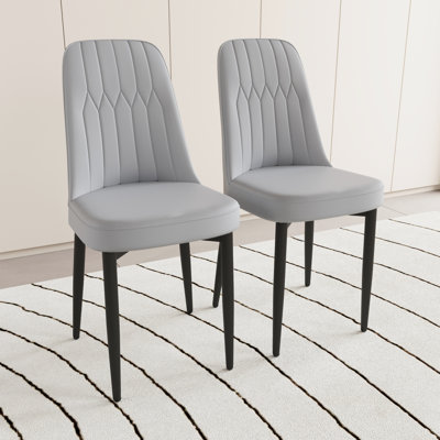 Dining Chairs Of 2, Pu Leather Upholstery, Black Metal Legs, Comfortable Cushions For Kitchen And Gray 2 In Grey Leather, With Padding Legs