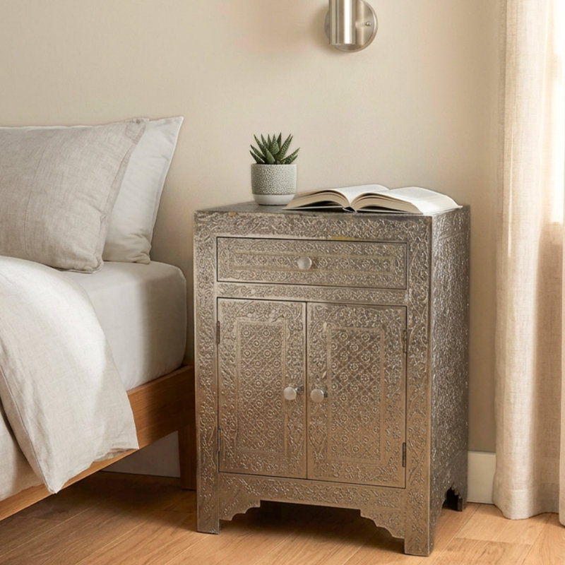Hand-crafted Embossed Metal Nightstand/accent Table