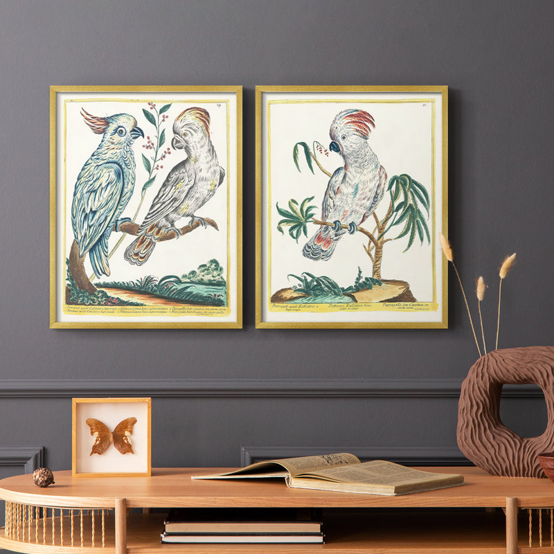 «Pastel Birds I», reproduction encadrée de qualité supérieure - prête à être accrochée - aucun clou requis - aucun clou requis