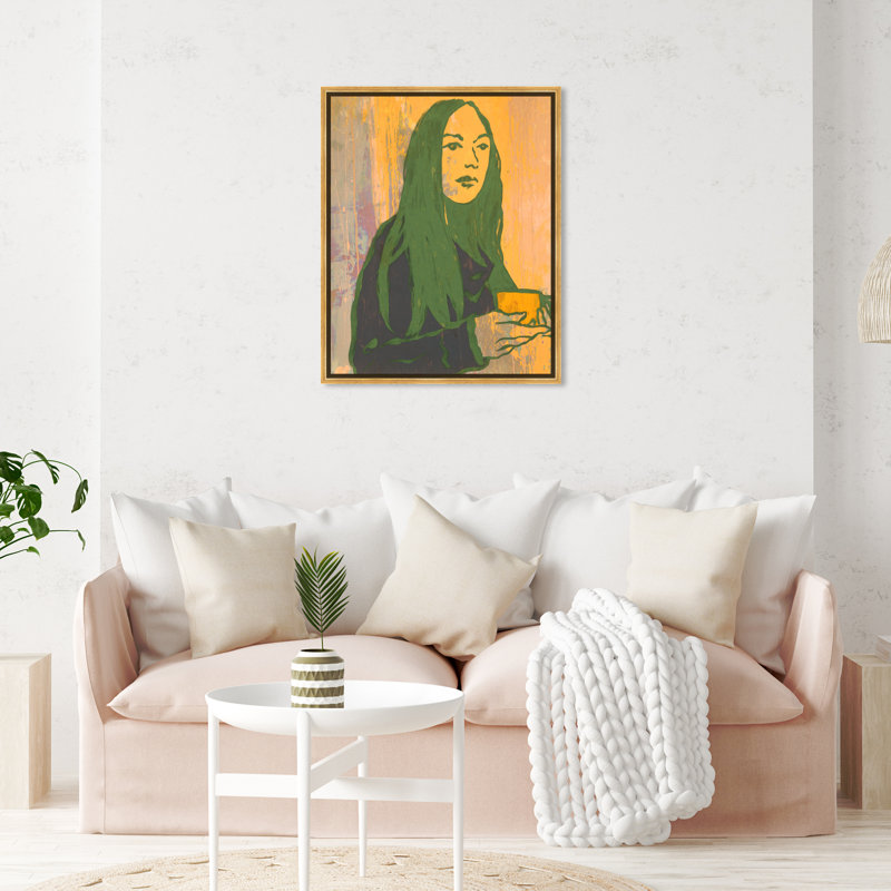 Lady Green Tea - peinture sur toile, H 24 po x l 20 po, Toile encadrée d'or