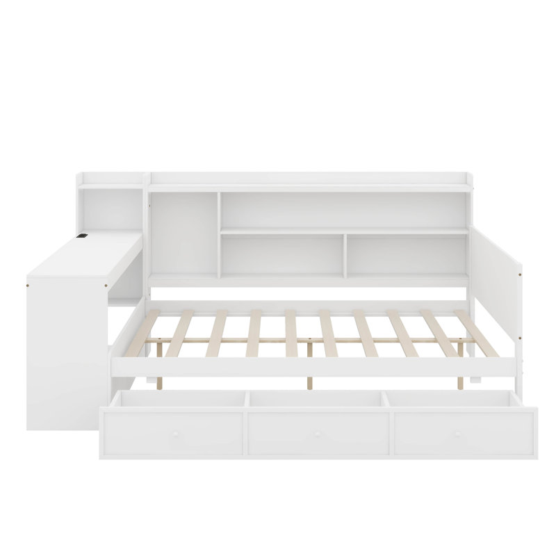 Full Size Wooden Daybed With Drawers, USB Ports And Desk, White