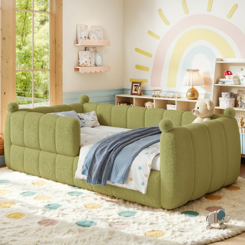 Lit simple tapissier pour lit simple pour enfants, lit de sol Montessori avec rails de sécurité, cadre pour lit d'enfant pour garçons et filles, vert
