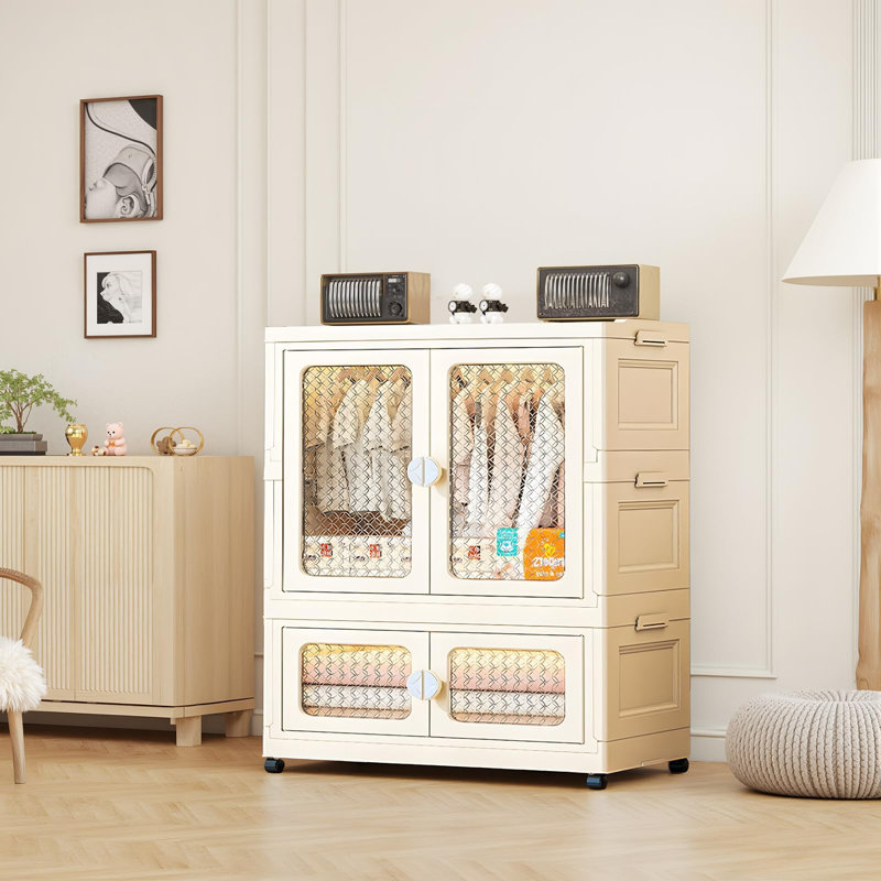 Bacs de rangement empilables, contenants de rangement pliables en plastique avec portes, roues et tringles de suspension, grande armoire de rangement à couvercle pour bureau à domicile 29,52 x 14,96 x 40,55, blanc