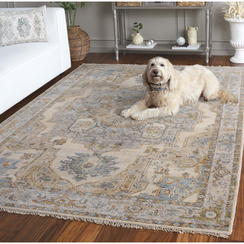 Rectangle Oriental Hand-Knotted Wool/Cotton Area Rug in Beige/Gray/Brown, Rectangle 9' x 12'