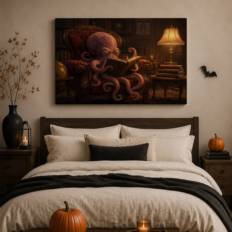 Impression sur toile mauve, pieuvre mauve, livre et fauteuil rouge, H 28 po x l 40 po
