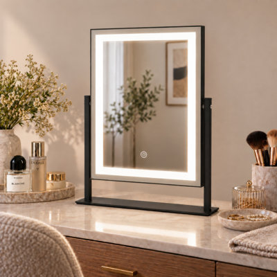 Miroir de coiffeuse carré moderne éclairé de 46,2 cm (18,2 po), fer et verre, noir