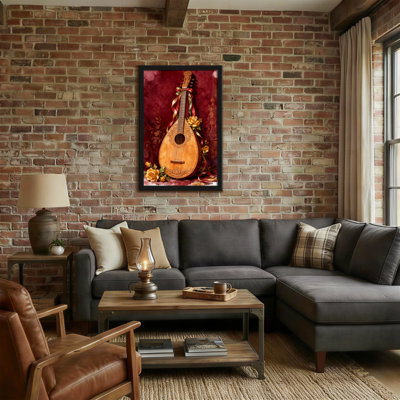 Christmas Lute With Ribbons And Roses On Red Background