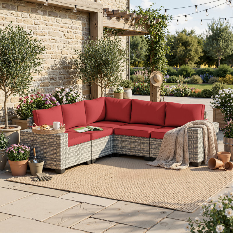 5-Person All-Weather PE Wicker Outdoor Sectional Sofa Set With Cushions And Wide Armrests, Red