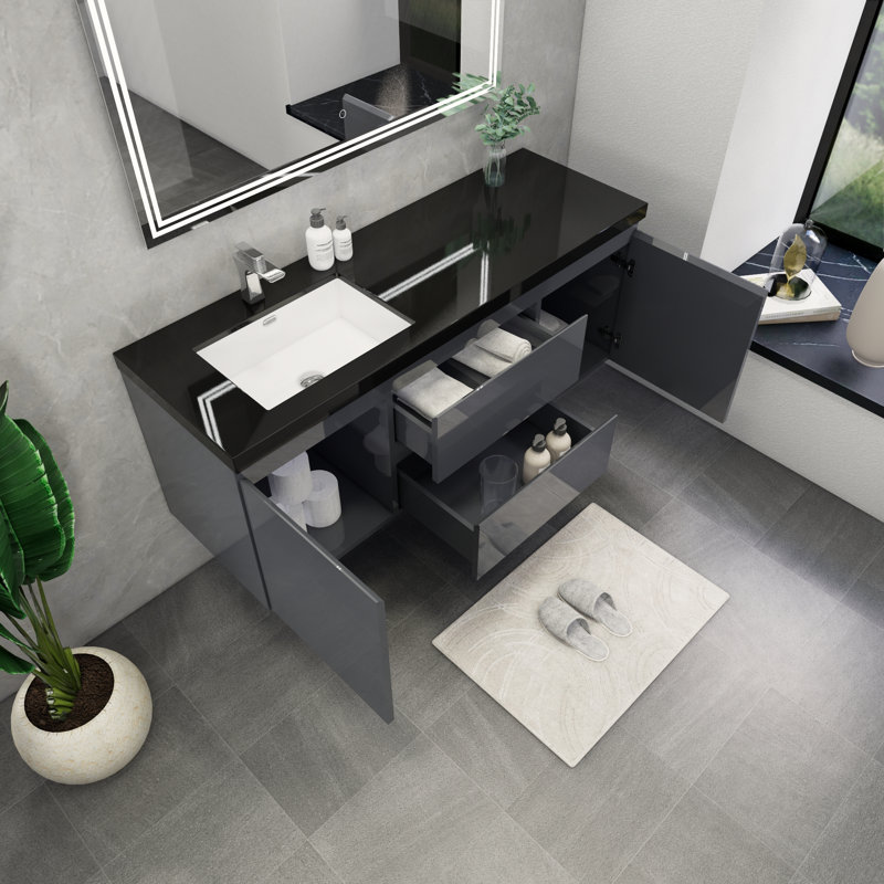 Castin 60" Wall-Mounted Single Left Sink Bathroom Vanity Set, Glossy Gray