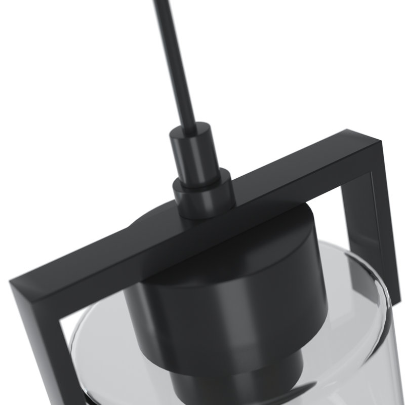 Luminaire suspendu cylindrique moderne à 1 lumière avec abat-jour en verre transparent Hicklin, Noir mat
