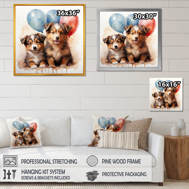 Puppies Parade Balloon Adventure I - Art mural de chambre de bébé, Cadre flottant doré, H 30 po x l 30 po x P 1,5 po