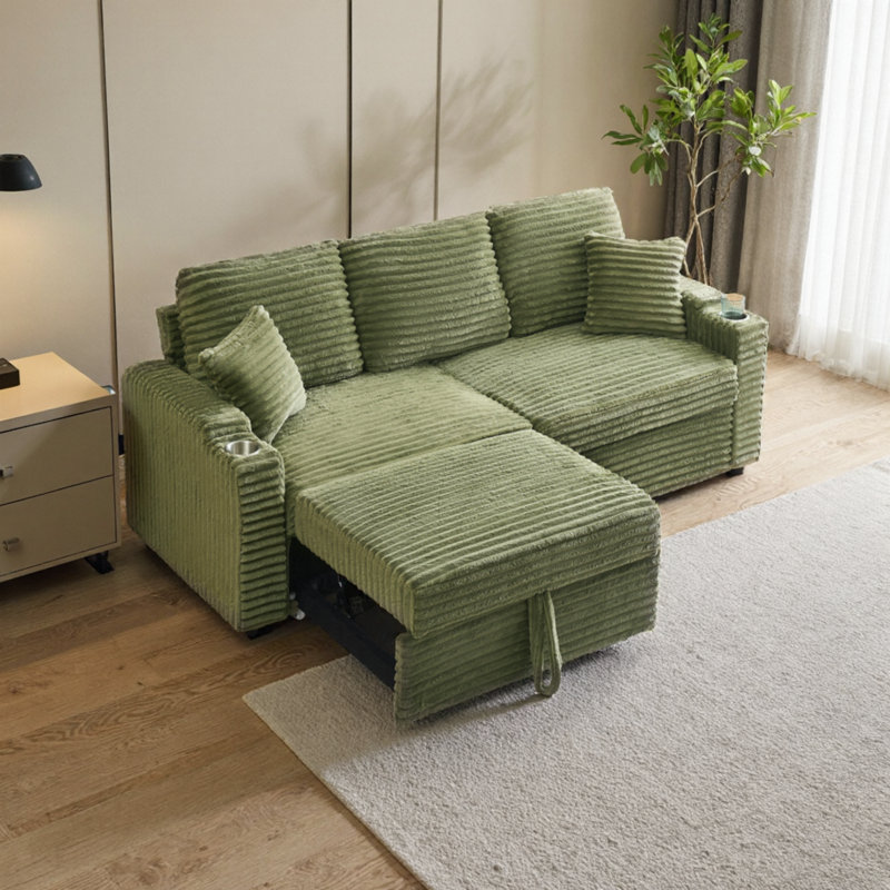 Canapé convertible pliable de 80 po avec méridienne et porte-gobelet coulissant pour lit de salon, Vert