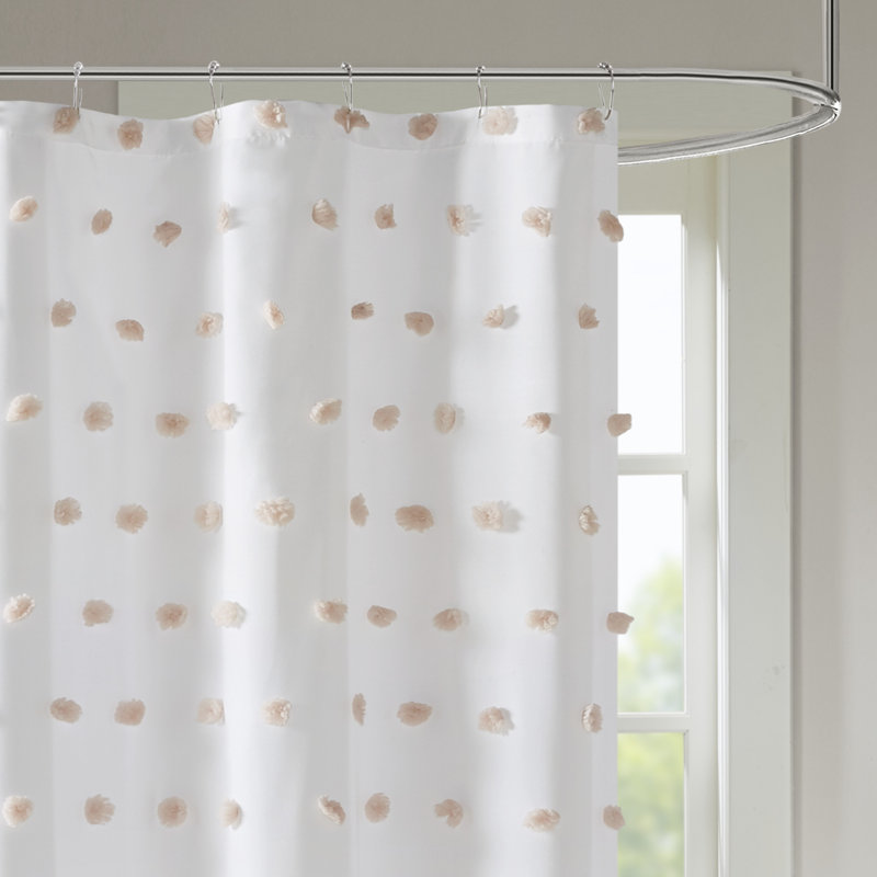 White Polyester Shower Curtain with Blush Pom Poms