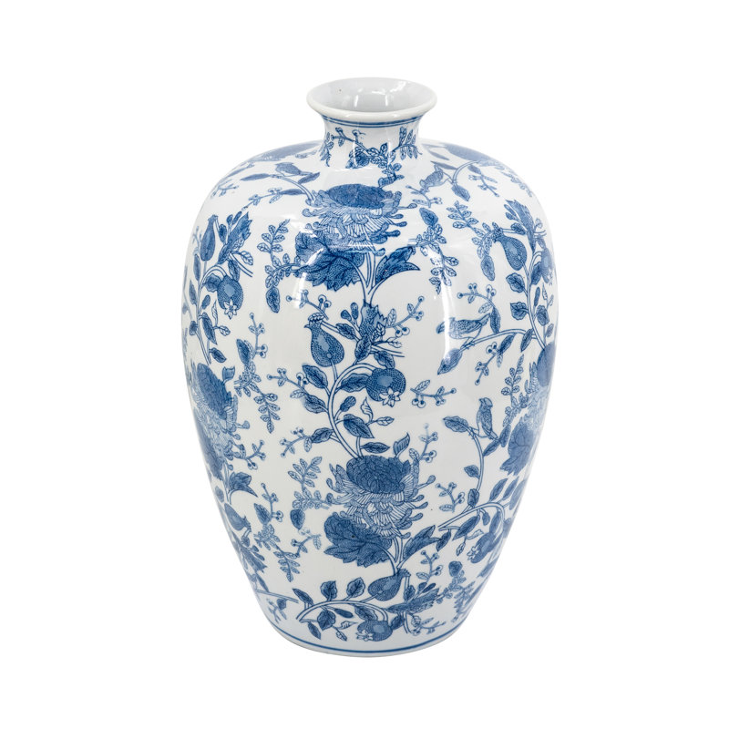 Vase décoratif en porcelaine D11.5X17.5 "avec motifs floraux bleus et blancs