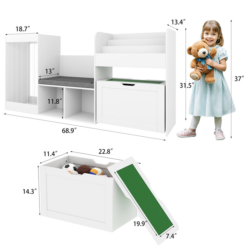 31.5''H Kids Bookcase, Toy Storage Organizer With Stuffed Animal Storage, Bench And Removable Cushions, Wooden Toddler Bookshelf With Movable Building Block Drawers, White