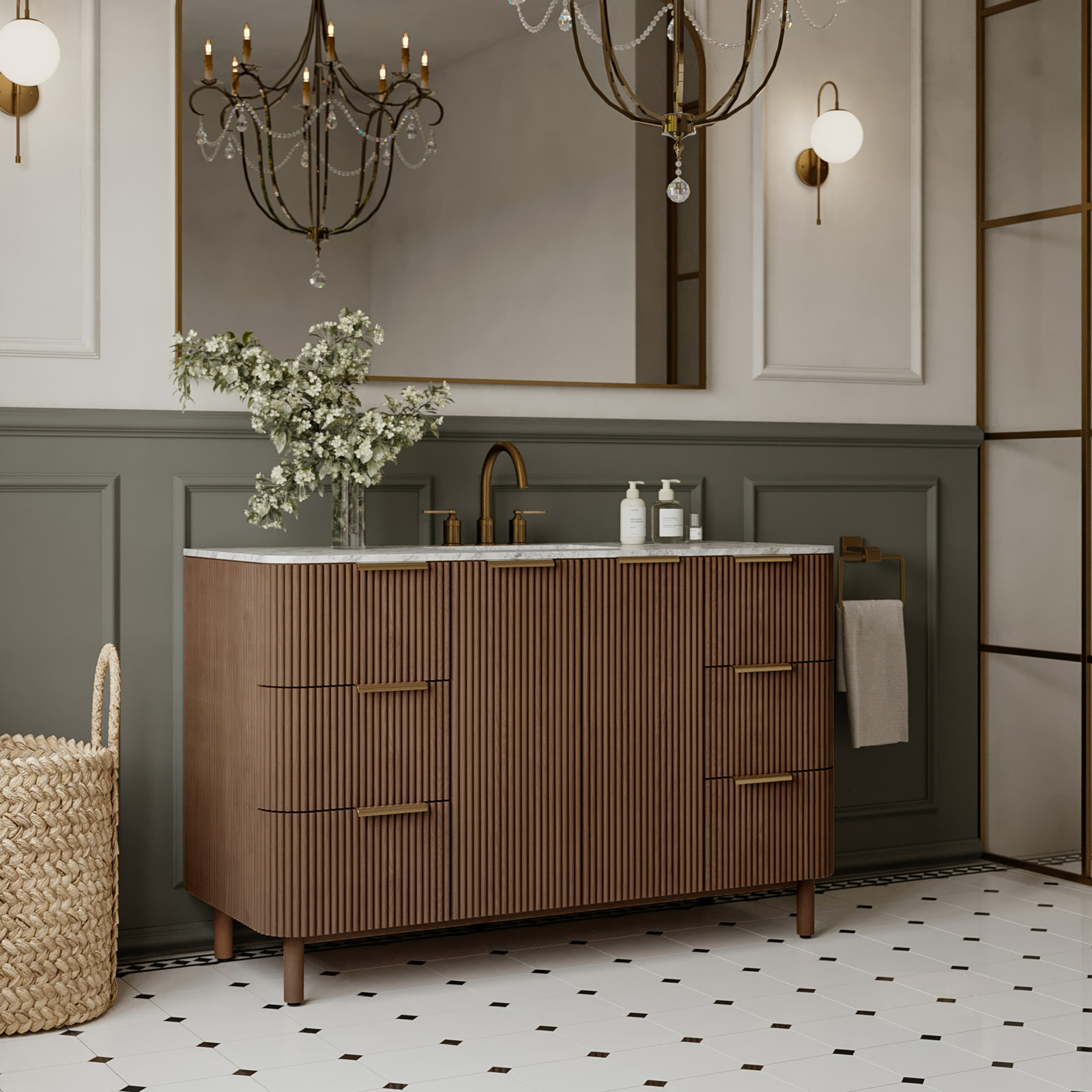 Nova 55" Carrara Marble Single Bathroom Vanity, Brown Reeded Birch