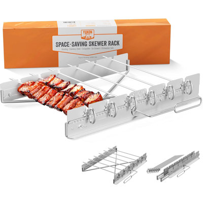 Yukon Glory BBQ kabob grill rack with 6 skewers, collapsible stainless steel