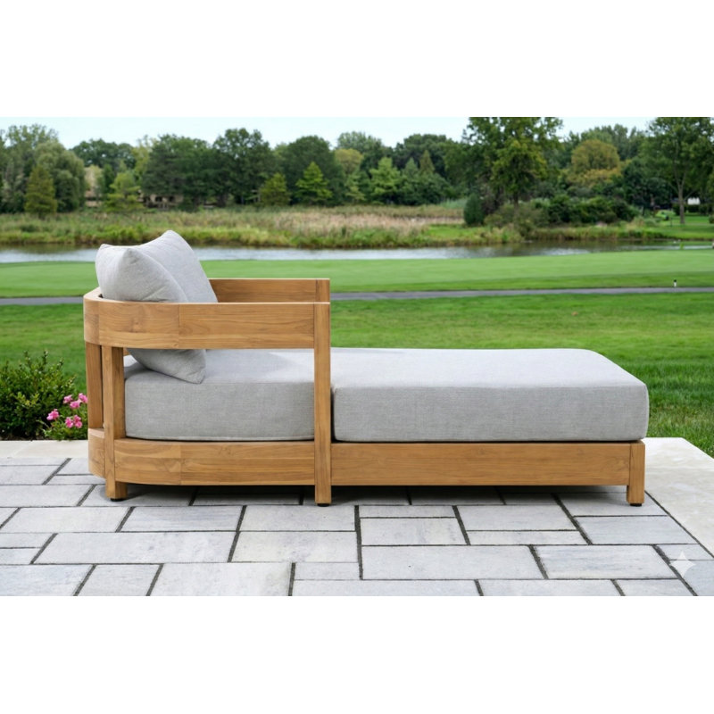 Everlee Solid Teak Outdoor Double Daybed With Sunbrella Grey Cushions, Gray