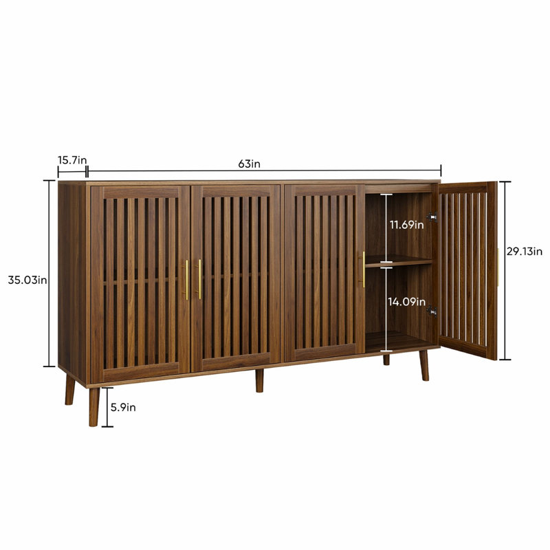 Buffet de 63 pouces en noyer avec rangement, buffet à 4 portes à rayures grillagées, armoire d'appoint multifonctionnelle pour salle à manger, salon, entrée, cuisine
